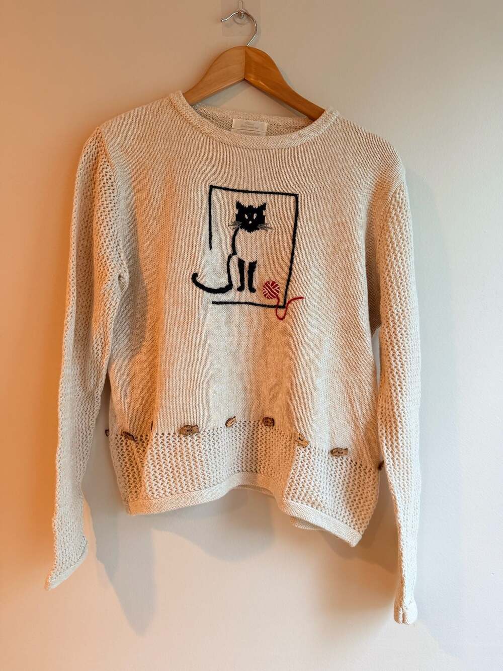 Christopher & Banks Size M Hand Embroidered Cat Sweater with Fish Buttons - Picture 1 of 10